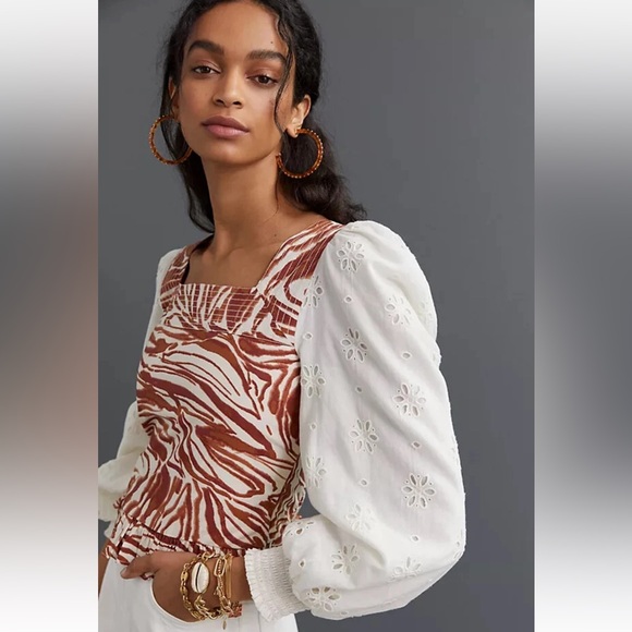 Anthropologie Tops - Anthropologie Love the Label Smocked Puff Sleeve Eyelet Blouse W2277 Sz M